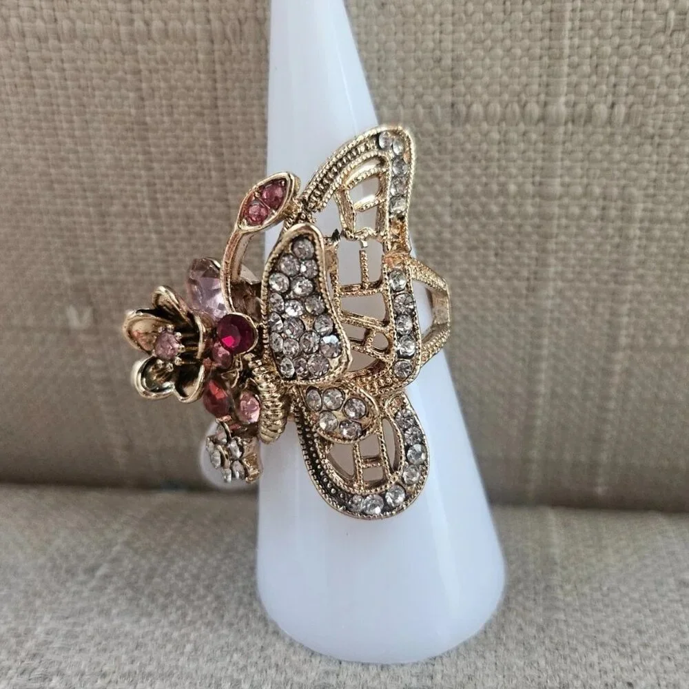 Fashion Ring Butterfly Shape Fancy Jewelry Ring Pink/Red Crystals Sz New Defect - Picture 5 of 12